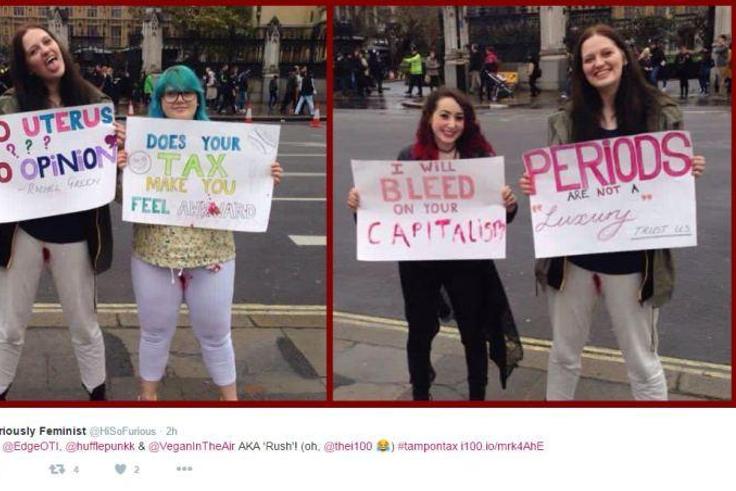 Women menstruate on their white trousers without putting on a pad to campaign against tax [Graphic]