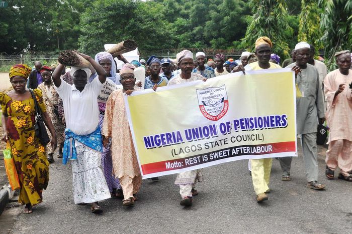 Pensioners protest non-payment of wages.