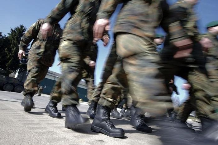 German Bundeswehr armed forces soldiers of the 371st armoured infantry battalion march during a media day of the NATO drill 'NOBLE JUMP 2015' at the barracks in Marienberg April 10, 2015. REUTERS/Fabrizio Bensch