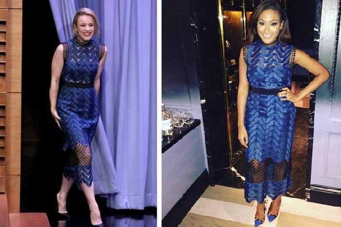 McAdams chose a black shoe to go with the outfit while Oni rocked hers with a leopard skin shoe designed with a blue cap toe