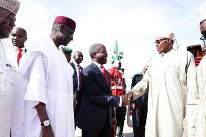The President being received at the Nnamdi Azikwe International Airport, Abuja by Vice President Yemi Osinbajo.