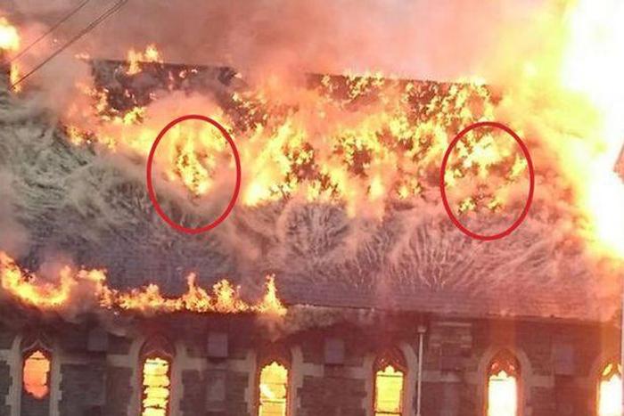 The church flames with faces in it