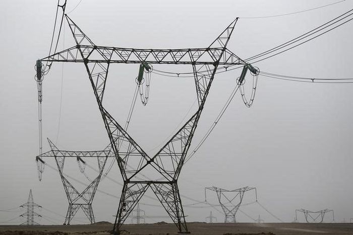 Electricity pylons and power transmission lines are seen at western desert road near Minya governorate, south of Cairo, on a hot and hazy day with temperatures reaching 48 degrees Celsius (116 Fahrenheit) May 27, 2015. REUTERS/Amr Abdallah Dalsh