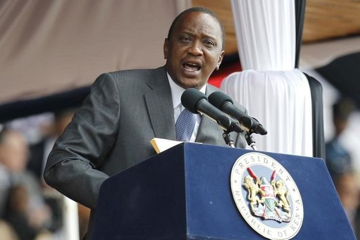 Kenya's President Uhuru Kenyatta addresses the country during the Mashujaa Day (Hero's Day) celebrations at the Nyayo National Stadium in Nairobi, October 20, 2014. REUTERS/Thomas Mukoya
