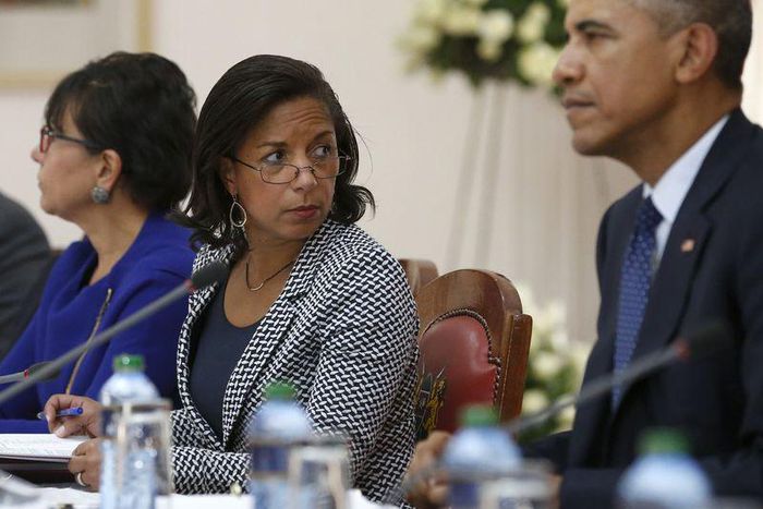 U.S. National Security Advisor Susan Rice (C) joins President Barack Obama (R) as he participates in a bilateral meeting with Kenya's President Uhuru Kenyatta (not pictured) at the State House in Nairobi July 25, 2015. REUTERS/Jonathan Ernst