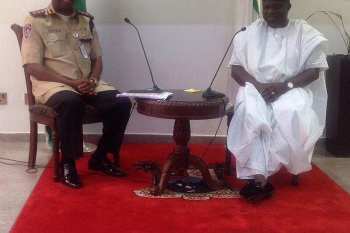 The Governor of Lagos state, Akinwunmi Ambode, and the Corps Marshal and Chief Executive of the FRSC, Boboye Oyeyemi.