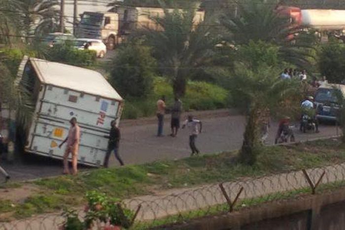 Fallen trailer and container