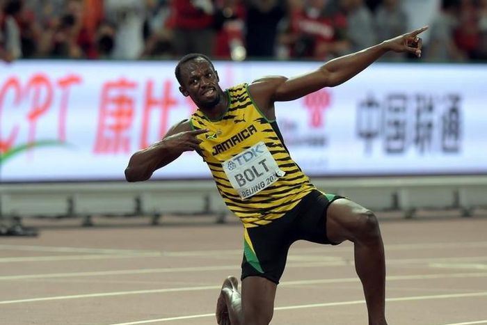 Aug 27, 2015; Beijing, China; Usain Bolt (JAM) poses after winning the 200m in 19.55 during the IAAF World Championships in Athletics at National Stadium. Mandatory Credit: Kirby Lee-USA TODAY Sports