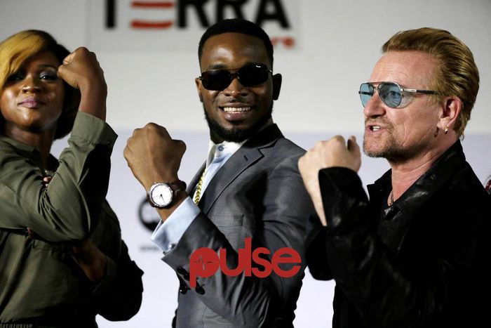 Waje, D'banj and Bono at ONE campaign press conference in Lagos.