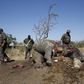 A ranger (R) looks on after performing a post mortem on the carcass of a rhino after it was killed for its horn by poachers , as the others investigate the crime scene at the Kruger national park in Mpumalanga province August 27, 2014. REUTERS/Siphiwe ...