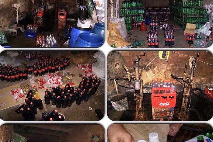 Photos of fake coke and sprite being produced