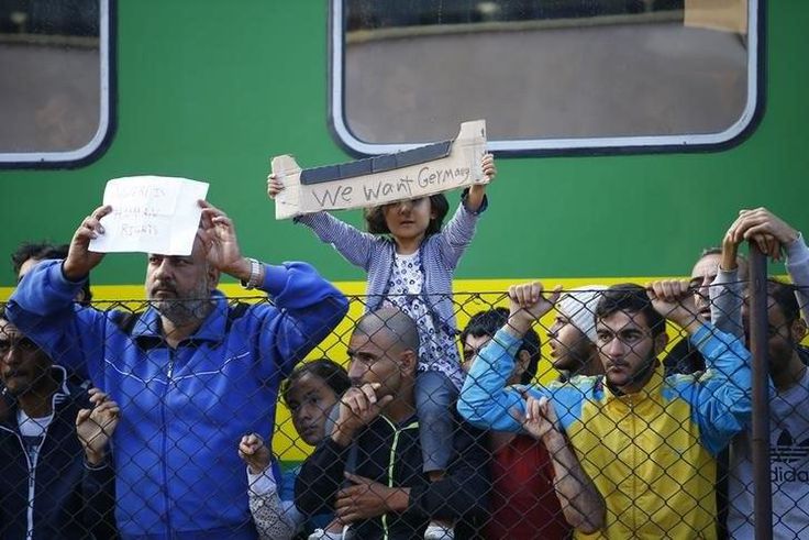 Migrants stage a protest in front of a train at Bicske railway station, Hungary, September 4, 2015. REUTERS/Leonhard Foeger