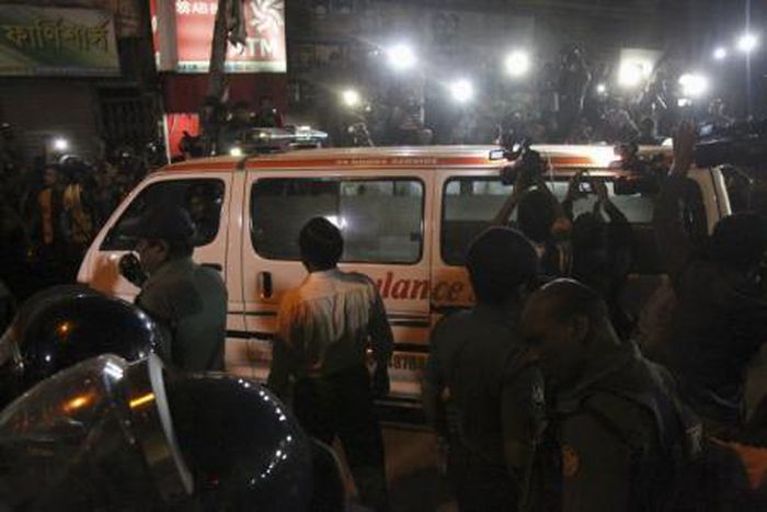 An ambulance carrying the body of Islamist opposition leader Ali Ahsan Mohammad Mujahid comes out of the Dhaka Central Jail after his execution on Sunday, November 22, 2015.
