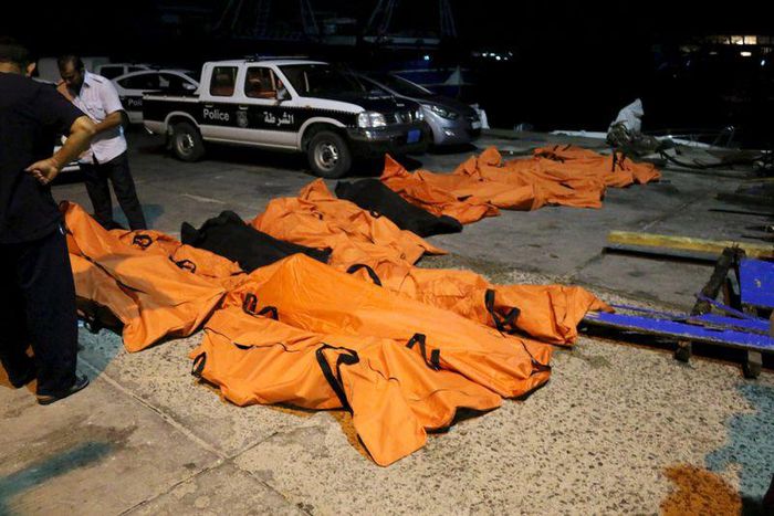 A view of the bodies of dead migrants that were recovered by the Libyan coastguard after a boat sank off the coastal town of Zuwara, west of Tripoli, August 27, 2015. REUTERS/Hani Amara