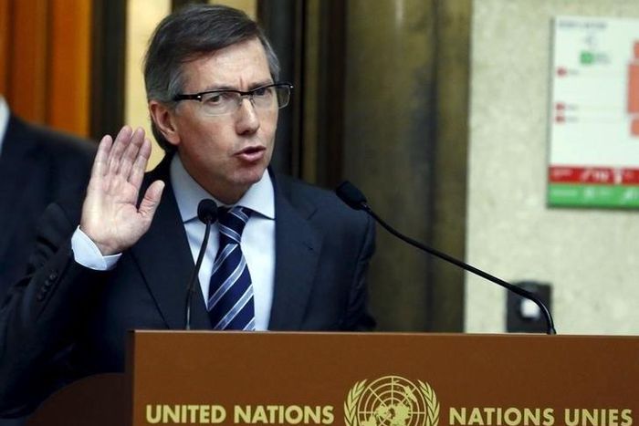 Special Representative of the Secretary-General for Libya and Head of United Nations Support Mission in Libya (UNSMIL) Bernardino Leon listens to a reporter's question during a news conference after a meeting at the Palais des Nations in Geneva, Switze...