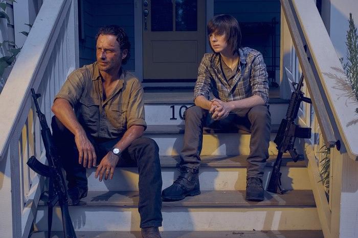 Andrew Lincoln as Rick Grimes and Chandler Riggs as Carl Grimes