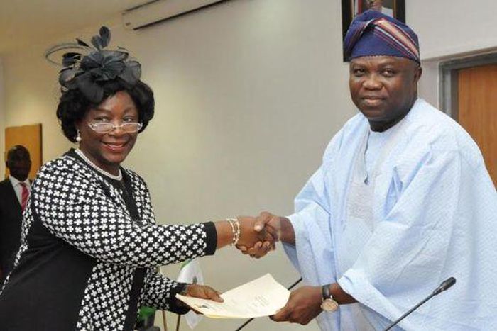 Lagos State Governor, Akinwunmi Ambode swears in Head of Service, Olabowale Ademola on November 4, 2015