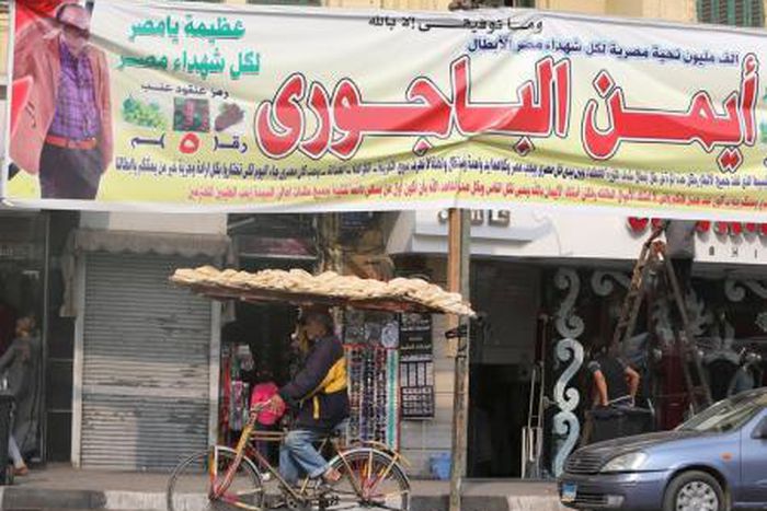 A street vendor rides a bicycle under election campaign banners in downtown Cairo, ahead of the second round of parliamentary election, November 19, 2015.