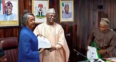 Prof. Mahmood Yakubu hands over to National Commissioner Mrs. May Agbamuche-Mbu as new INEC Acting Chairman