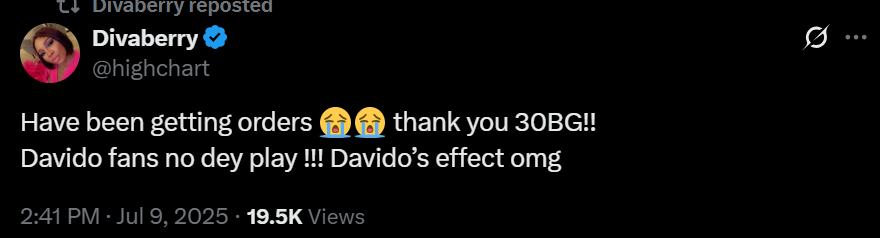 Screenshot of X user Divaberry celebrateing a surge in sale from 30BG fans