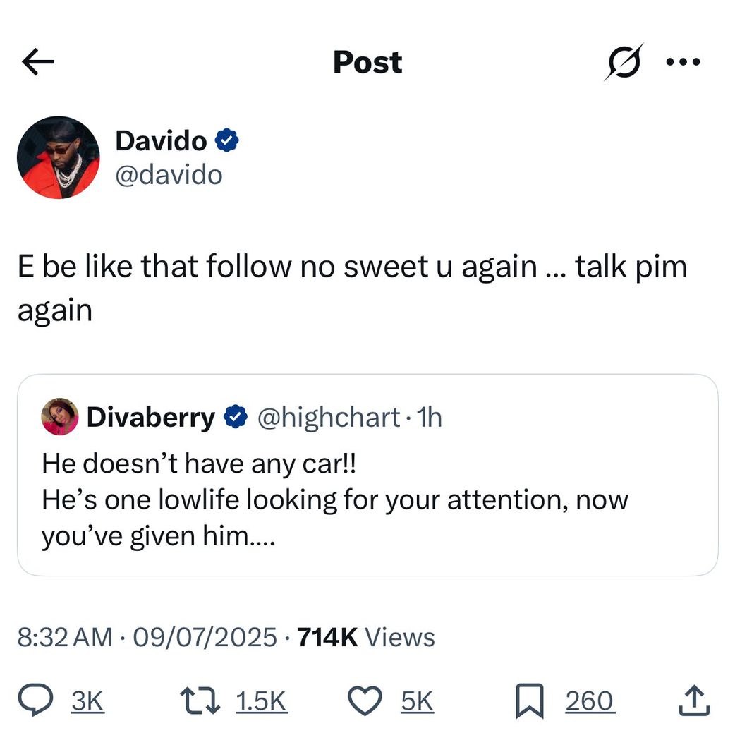 Davido threatens to unfollow fan on X