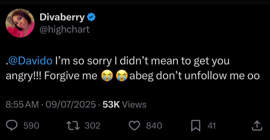 Screenshot of Divaberry pleading with Davido not to unfollow her on X