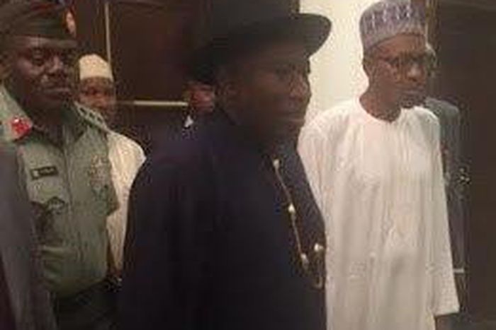 President Goodluck Jonathan takes President-elect, Muhammadu Buhari on tour of Aso Rock on May 28, 2015.