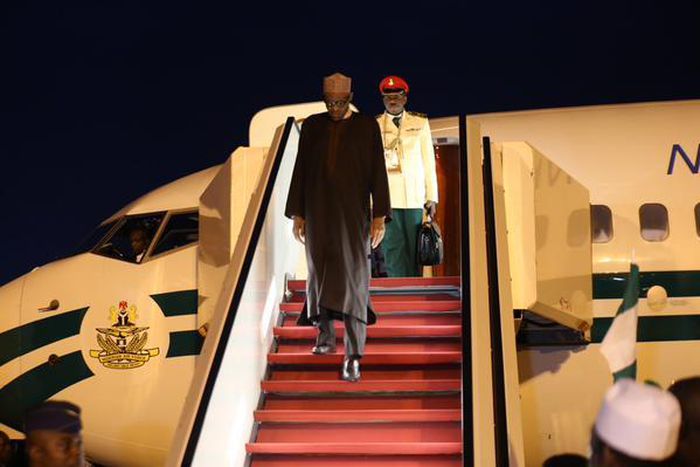 President Muhammadu Buhari returns to Nigeria from South Africa after attending the African Union Summit.