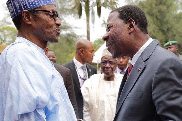 President Muhammadu Buhari meets President of Benin Republic, Bono Yayi in Abuja on May 14, 2015.