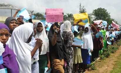 Members of Muslim Students Society of Nigeria, Lagos State Area Unit, protest victimisation of secondary school students using Hijab by principals at Lagos House, Alausa, Ikeja, yesterday.