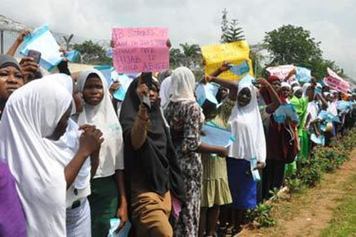 Members of Muslim Students Society of Nigeria, Lagos State Area Unit, protest victimisation of secondary school students using Hijab by principals at Lagos House, Alausa, Ikeja, yesterday.