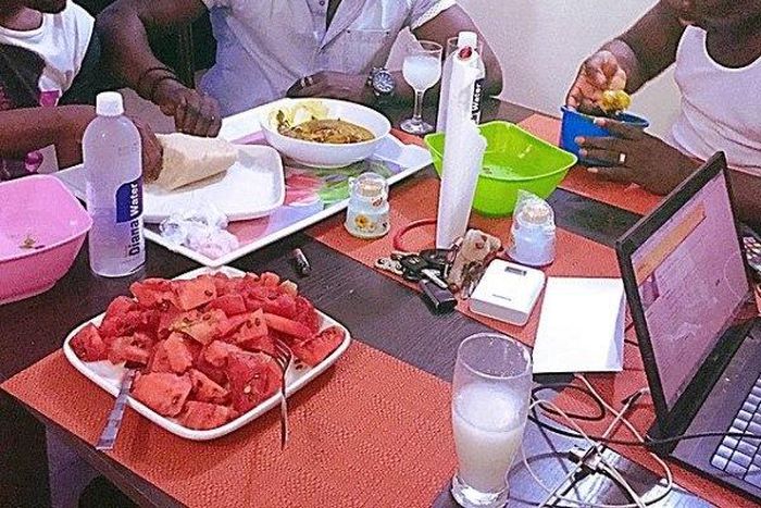 AY's younger brother, Yomi Casual and comedian Seyilaw munching away Stacey Ebere's meal