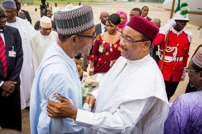 President Muhammadu Buhari receives President Mahamadou Issoufou of Niger Republic in Abuja on June 11, 2015.