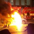 Photo by eyewitness Lee Sang-ho shows a burning taxi as a driver commits suicide near the US embassy in Seoul