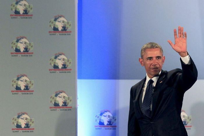 U.S. President Barack Obama gestures onstage after delivering remarks at the Global Entrepreneurship Summit at the United Nations compound in Nairobi, Kenya July 25, 2015. Obama told African entrepreneurs in Kenya on Saturday they could help counter vi...