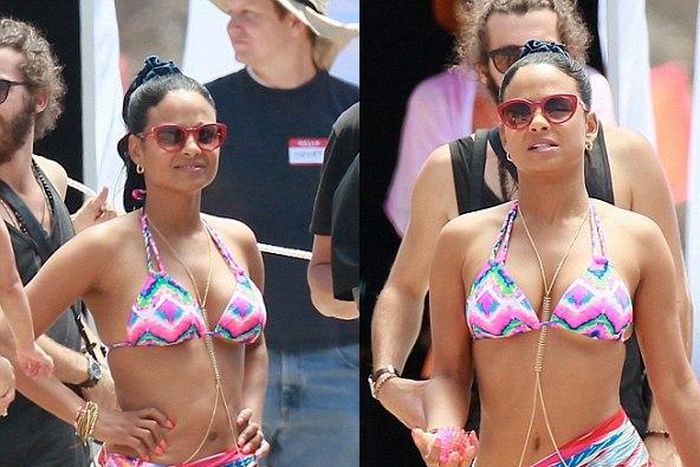 Christina Milan rocking a colourful bikini on set of a new movie, Grandfathered