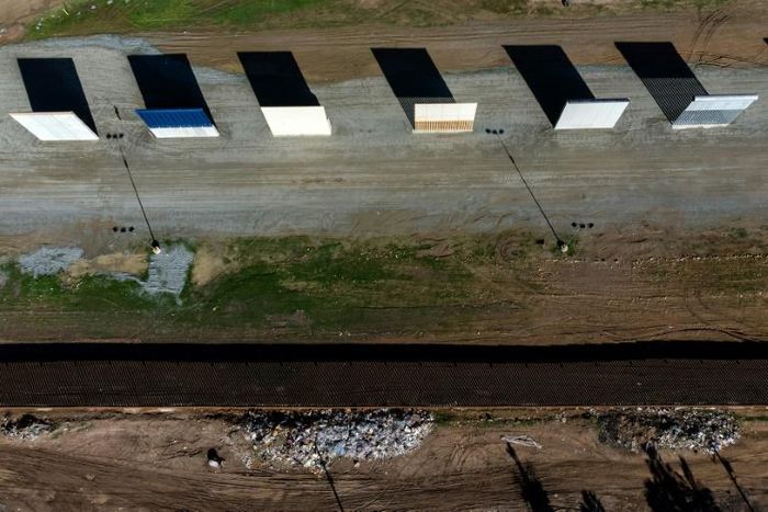 Aerial view of US President Donald Trump's border wall prototypes as seen from Tijuana, Mexico, on January 7, 2019
