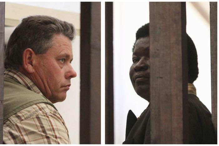 A combination photo shows Zimbabwean safari operator Honest Ndlovu (R) and fellow countryman and hunter Theo Bronkhorst waiting to appear in Hwange magistrates court, July 29, 2015. REUTERS/Philimon Bulawayo