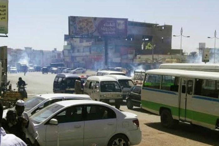 Tear gas fumes erupt during a protest in the Sudanese capital Khartoum's twin city of Omdurman