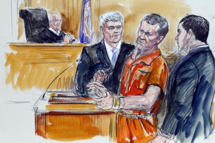 Artist rendering shows Irek Hamidullin, front center, his attorney Robert Wagner, front left, and interpreter Ihab Samra, front right