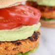Roasted garlic chipotle cheddar sweet potato burger with avocado ranch