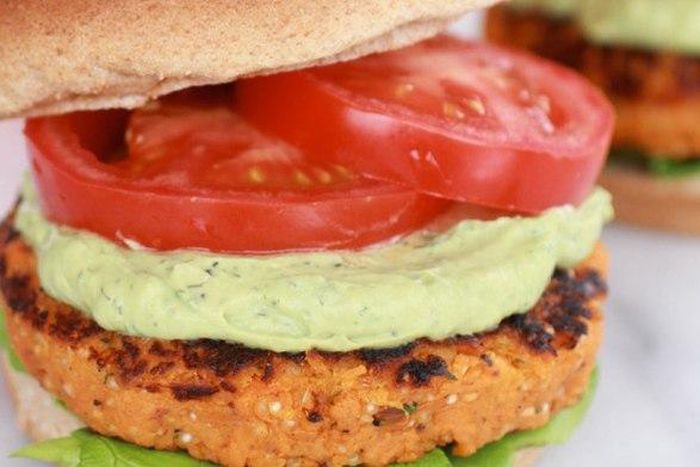 Roasted garlic chipotle cheddar sweet potato burger with avocado ranch
