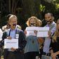 Kenya-based foreign journalists demonstrate against the imprisonment of three Al Jazeera journalists in Egypt, at the United Nations Environment programme (UNEP) headquarters in Nairobi January 13, 2015, as a reception by Egypt's Foreign Minister Sameh...