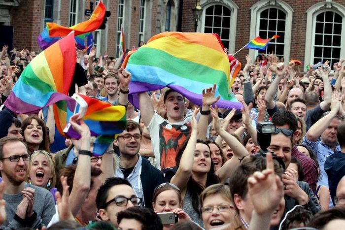 Supporters outside Dublin Castle cheer the result of the same-sex marriage referendum on May 23, 2015