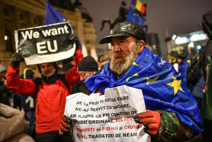 Hundreds demonstrated against the Romanian government outside the concert hall where the ceremony was held