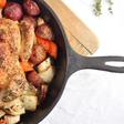 Roasted chicken, seasoned with salt, fresh ground pepper, and thyme, and cooked with root vegetables.