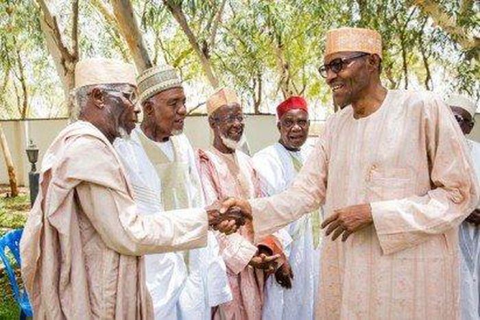 Buhari receives some of his old classmates - the 1953 intakes of Katsina Middle School.