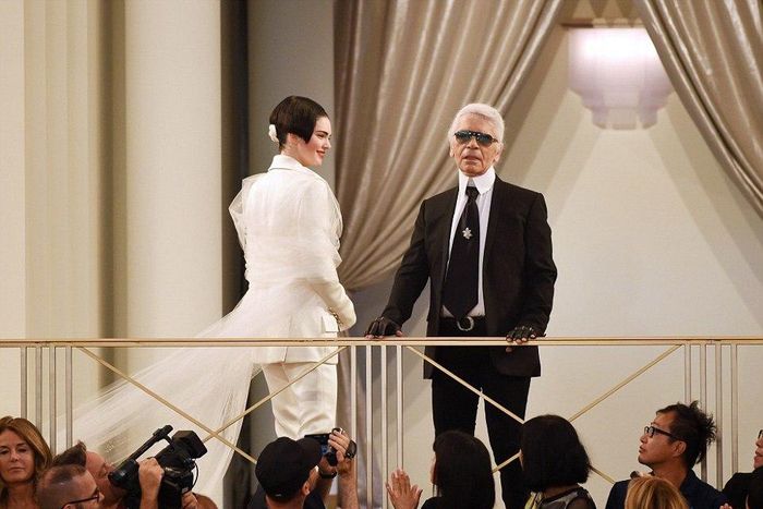 Karl Lagerfeld and Kendal Jenner at the Chanel Fall/Winter 2015/2016 presentation