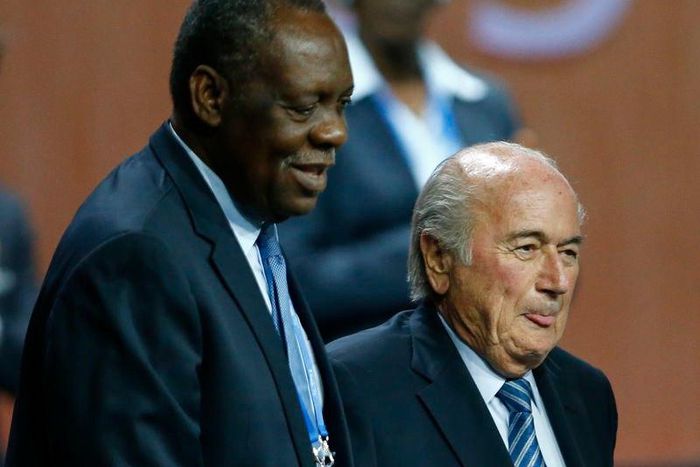 Issa Hayatou (L), Senior Vice President of the FIFA stands with FIFA President Sepp Blatter after he was re-elected at the 65th FIFA Congress in Zurich, Switzerland, May 29, 2015.         REUTERS/Arnd Wiegmann