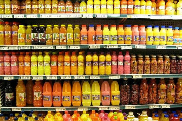 Cross section of bottled fruit juices